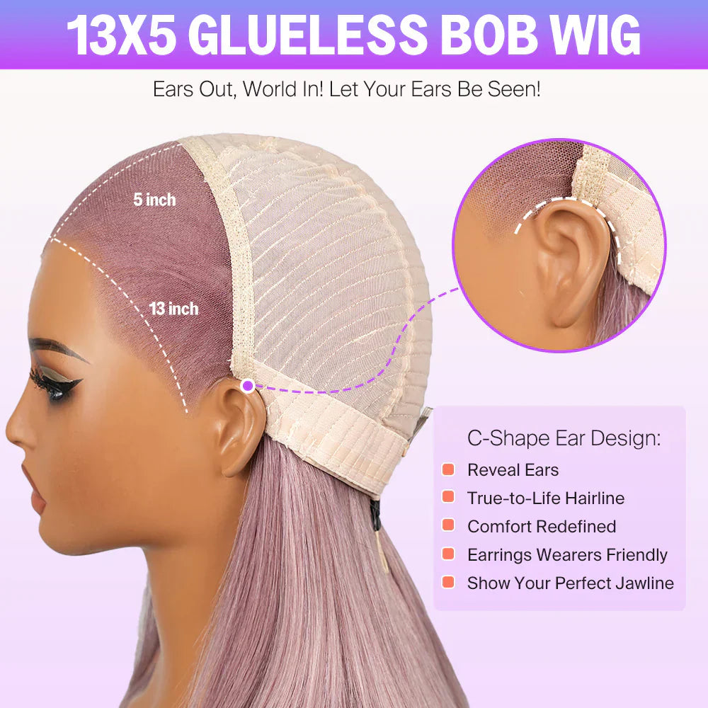 13x5 Pre-Everything Glueless Ash Purple Straight Bob with Invisible Knots